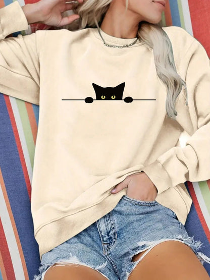 Cat Print Round Neck Sweatshirt