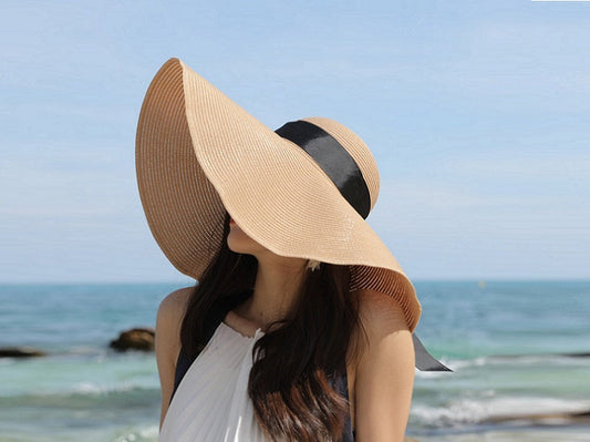 NAVY- 16cm Wide Brim Women Lady Sun Straw Hat Floppy Derby Summer Beach Cap dealonline.co.nz