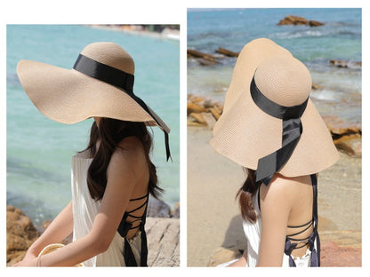 NAVY- 16cm Wide Brim Women Lady Sun Straw Hat Floppy Derby Summer Beach Cap dealonline.co.nz
