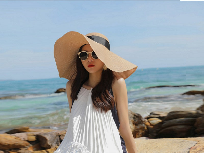 NAVY- 16cm Wide Brim Women Lady Sun Straw Hat Floppy Derby Summer Beach Cap dealonline.co.nz