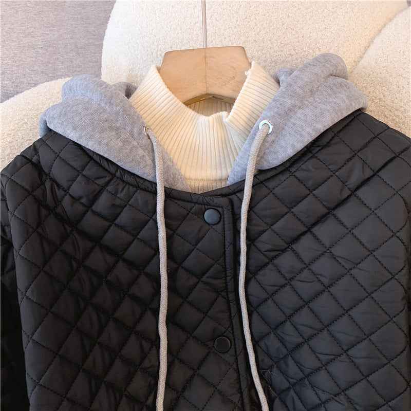 Black Hooded Quilted Cotton Jacket for Women