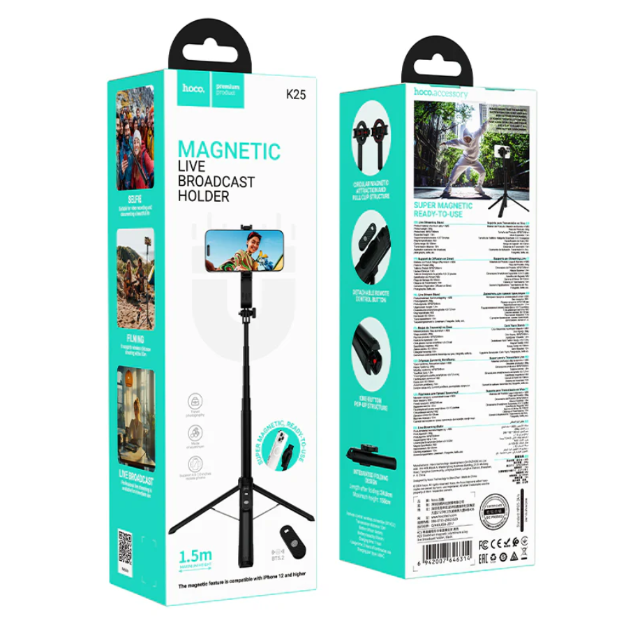 Hoco Bluetooth Selfie Stick With 1.5m Tripod Magnetic Phone Holder (K25) techplus