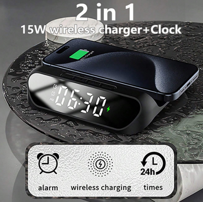 2-in-1 Multifunctional Wireless Charger with Alarm Clock 15W Fast Charging Stand