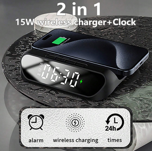 2-in-1 Multifunctional Wireless Charger with Alarm Clock 15W Fast Charging Stand
