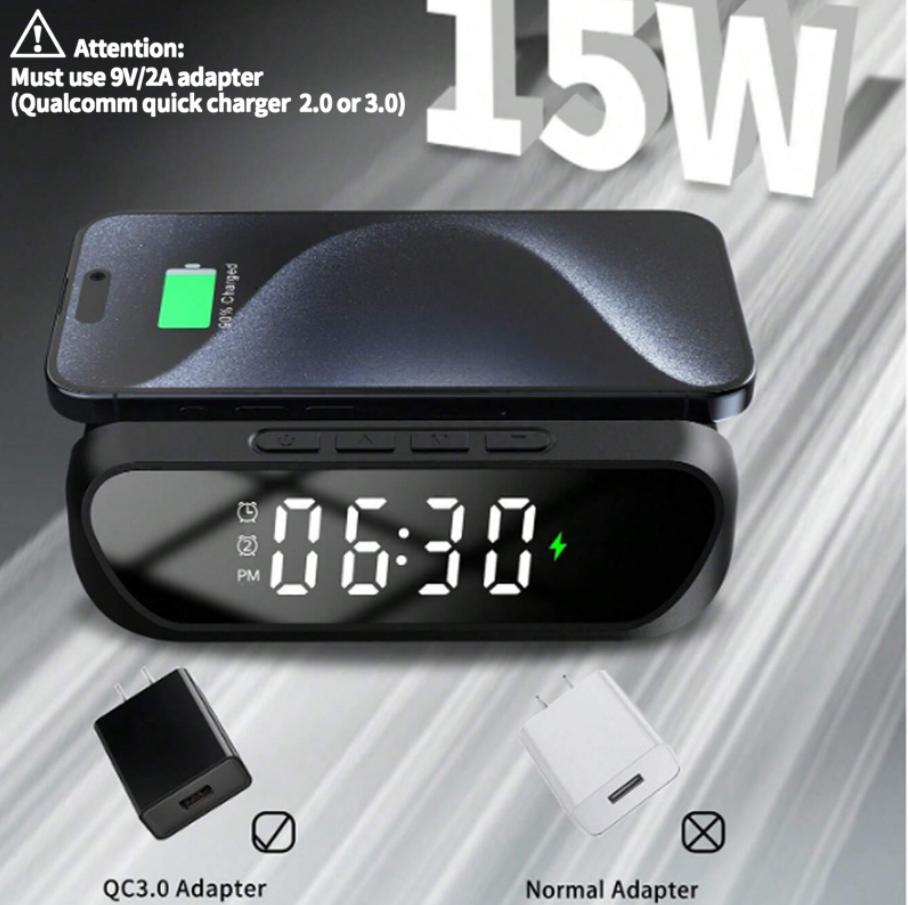 2-in-1 Multifunctional Wireless Charger with Alarm Clock 15W Fast Charging Stand