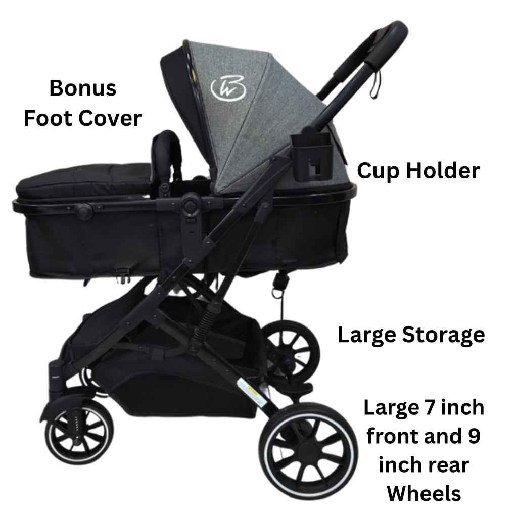 Gold Series 3-in-1 Travel System - Bassinet + Stroller + Capsule with Food Tray - Grey/Black