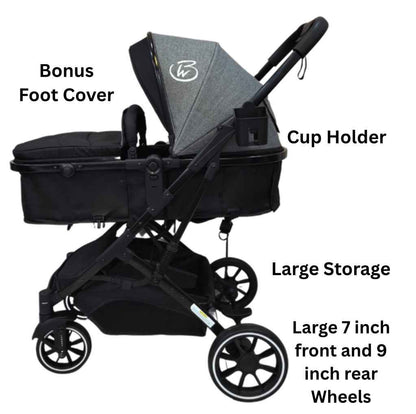 Gold Series 3-in-1 Travel System - Bassinet + Stroller + Capsule with Food Tray - Grey/Black