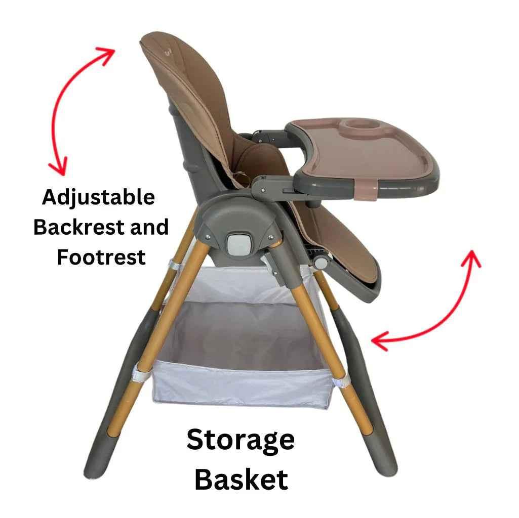 Elevate Adjustable and Folding High Chair with Locking Wheels and Storage Basket - BROWN