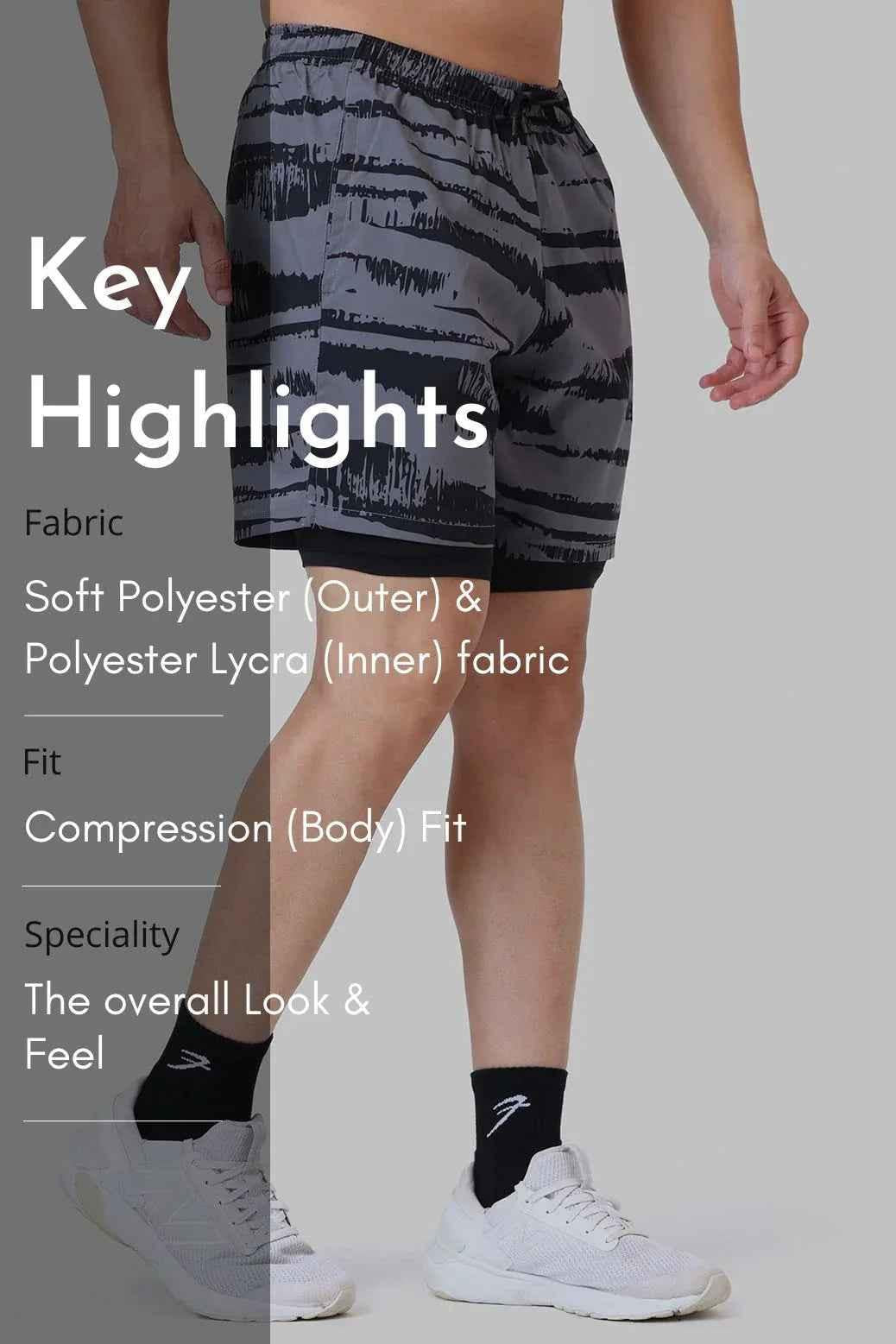 2 in 1 Printed Compression Shorts Gold Grey