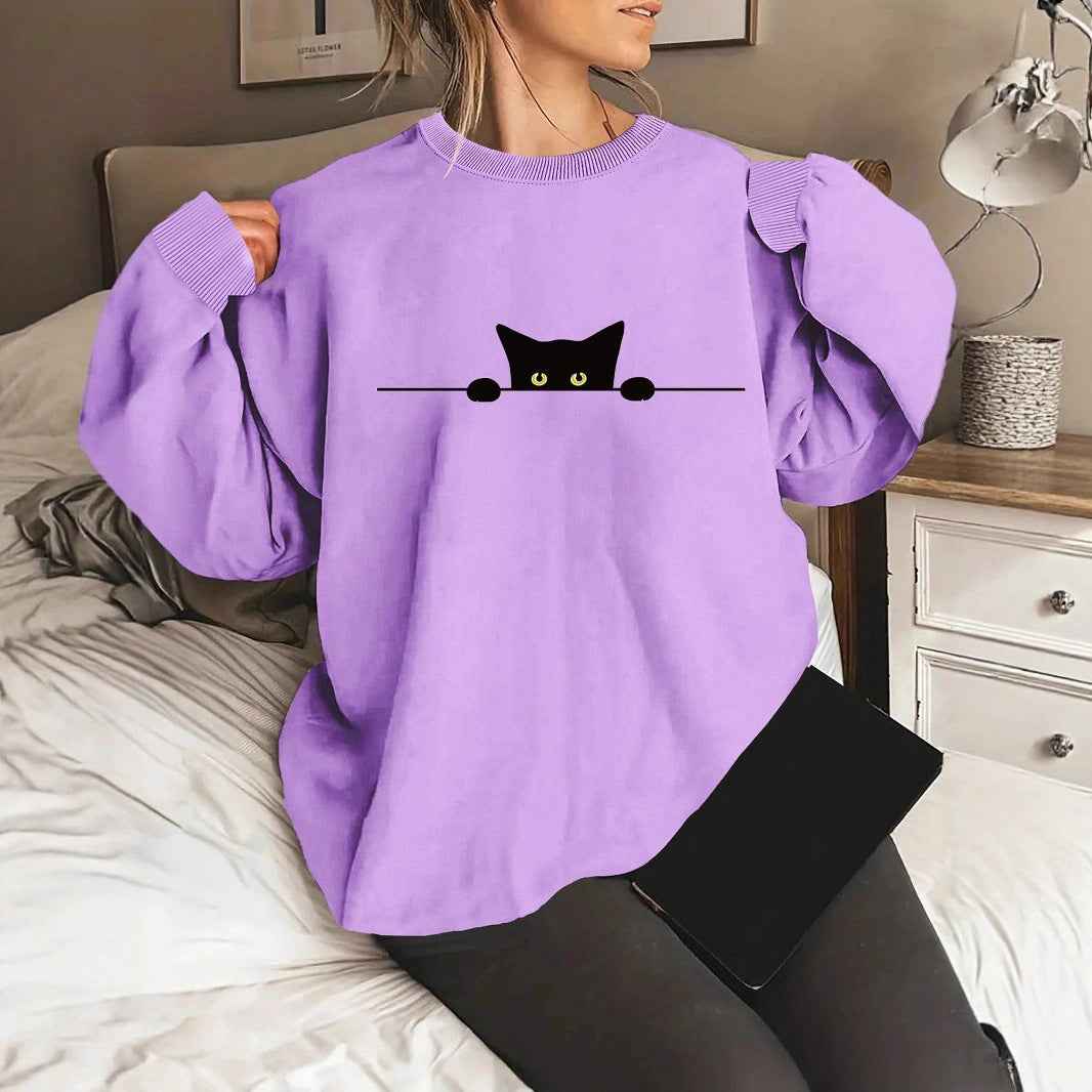 Cat Print Round Neck Sweatshirt