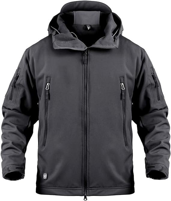Men's military tactical soft shell jacket with water resistance and windproof features, shown in a neutral color with zippered pockets.