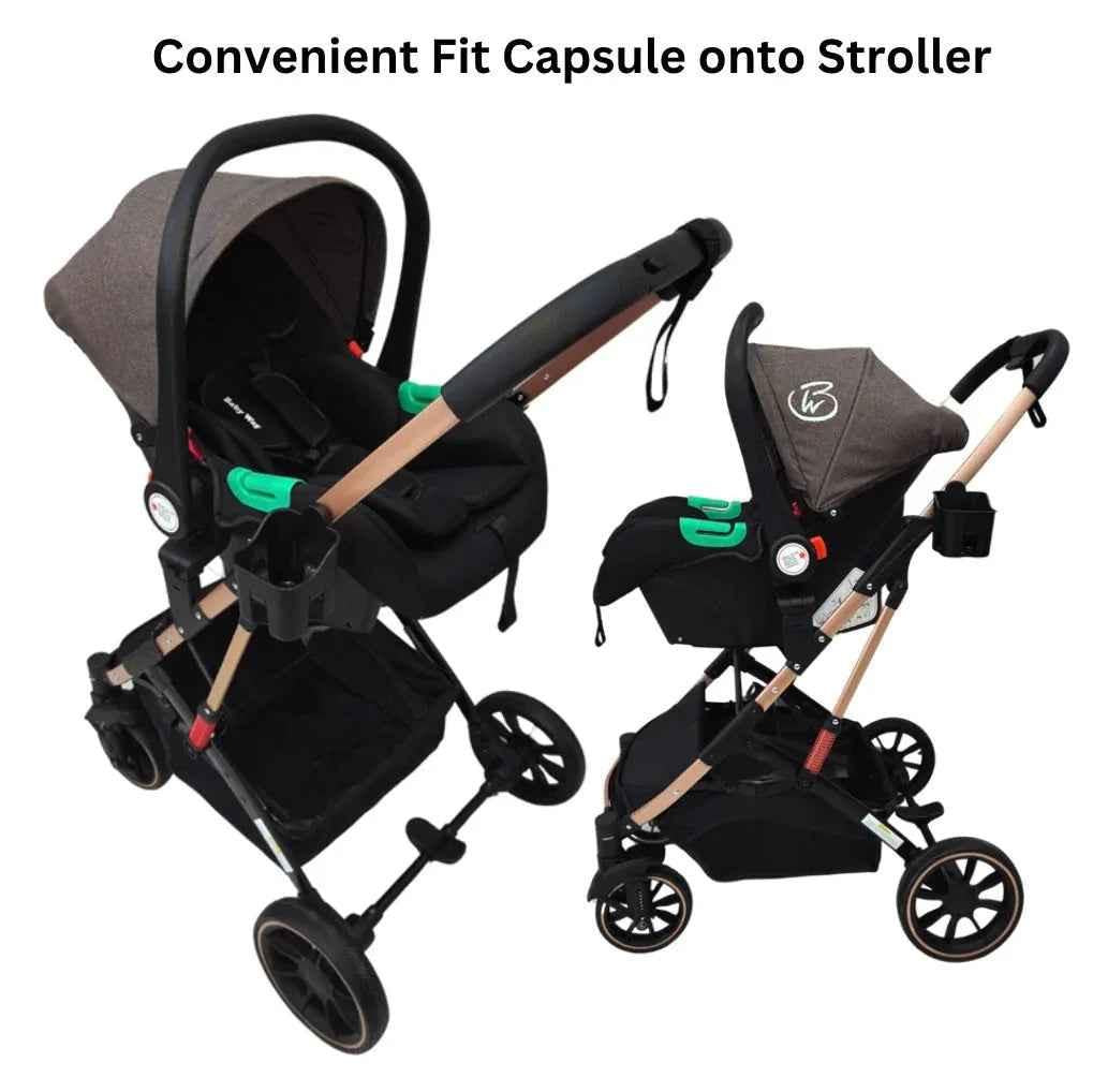 Gold Series 3 in 1 Travel System - Stroller + Bassinet + Capsule with Food Tray - Beige/Gold