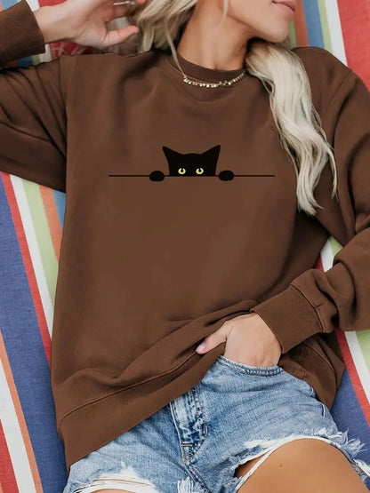 Cat Print Round Neck Sweatshirt
