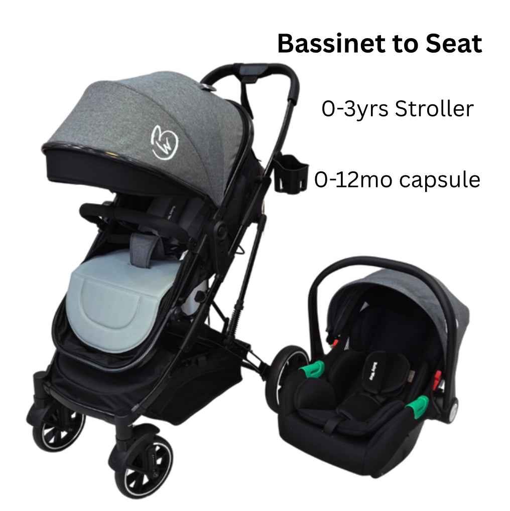 Gold Series 3-in-1 Travel System - Bassinet + Stroller + Capsule with Food Tray - Grey/Black