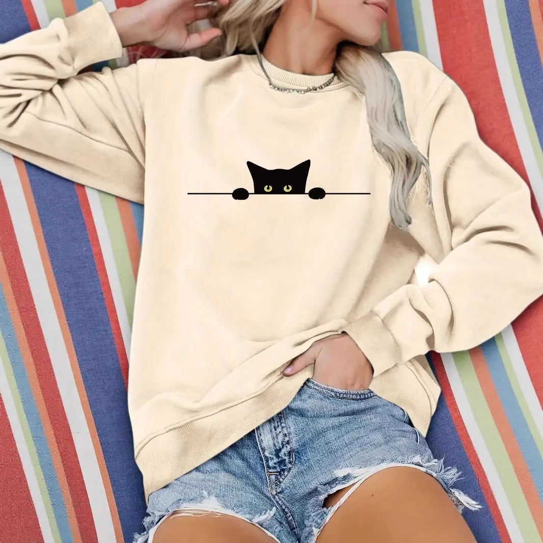 Cat Print Round Neck Sweatshirt
