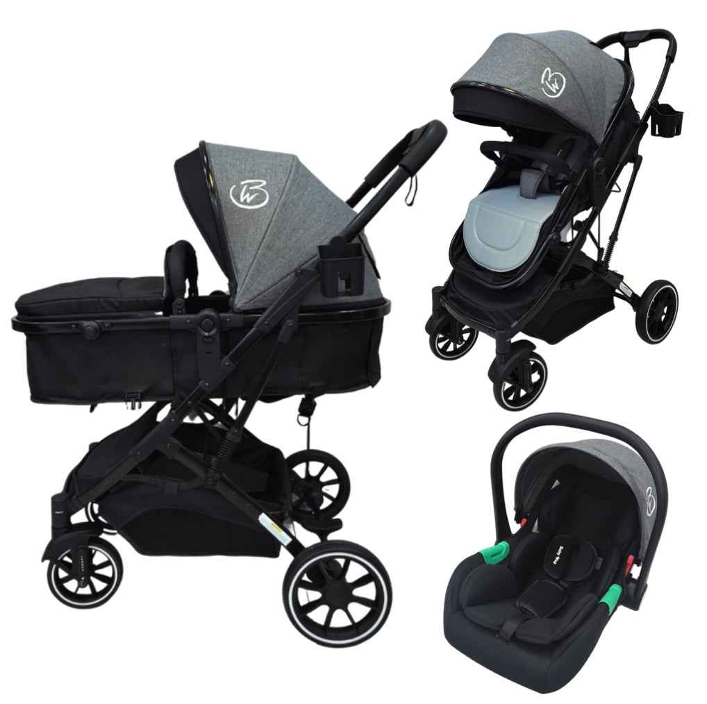 Gold Series 3-in-1 Travel System - Bassinet + Stroller + Capsule with Food Tray - Grey/Black