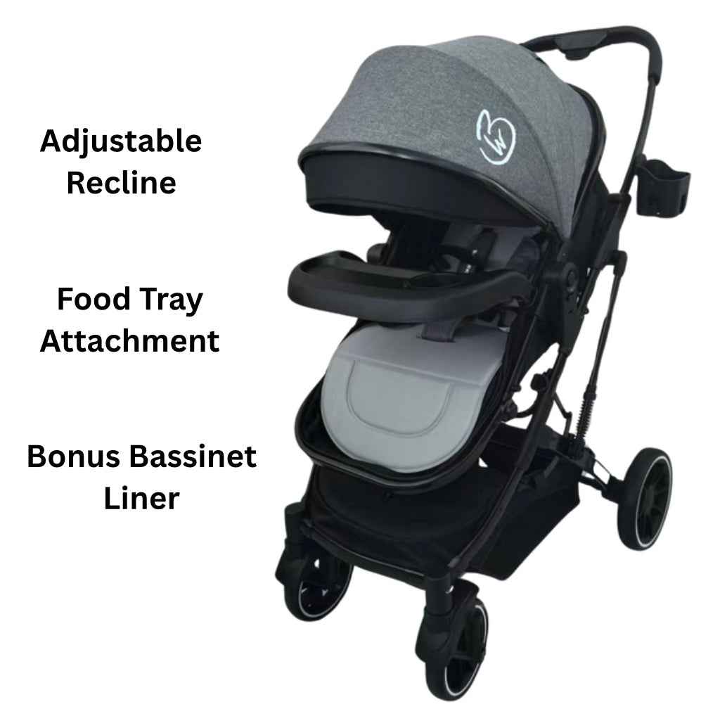 Gold Series 3-in-1 Travel System - Bassinet + Stroller + Capsule with Food Tray - Grey/Black