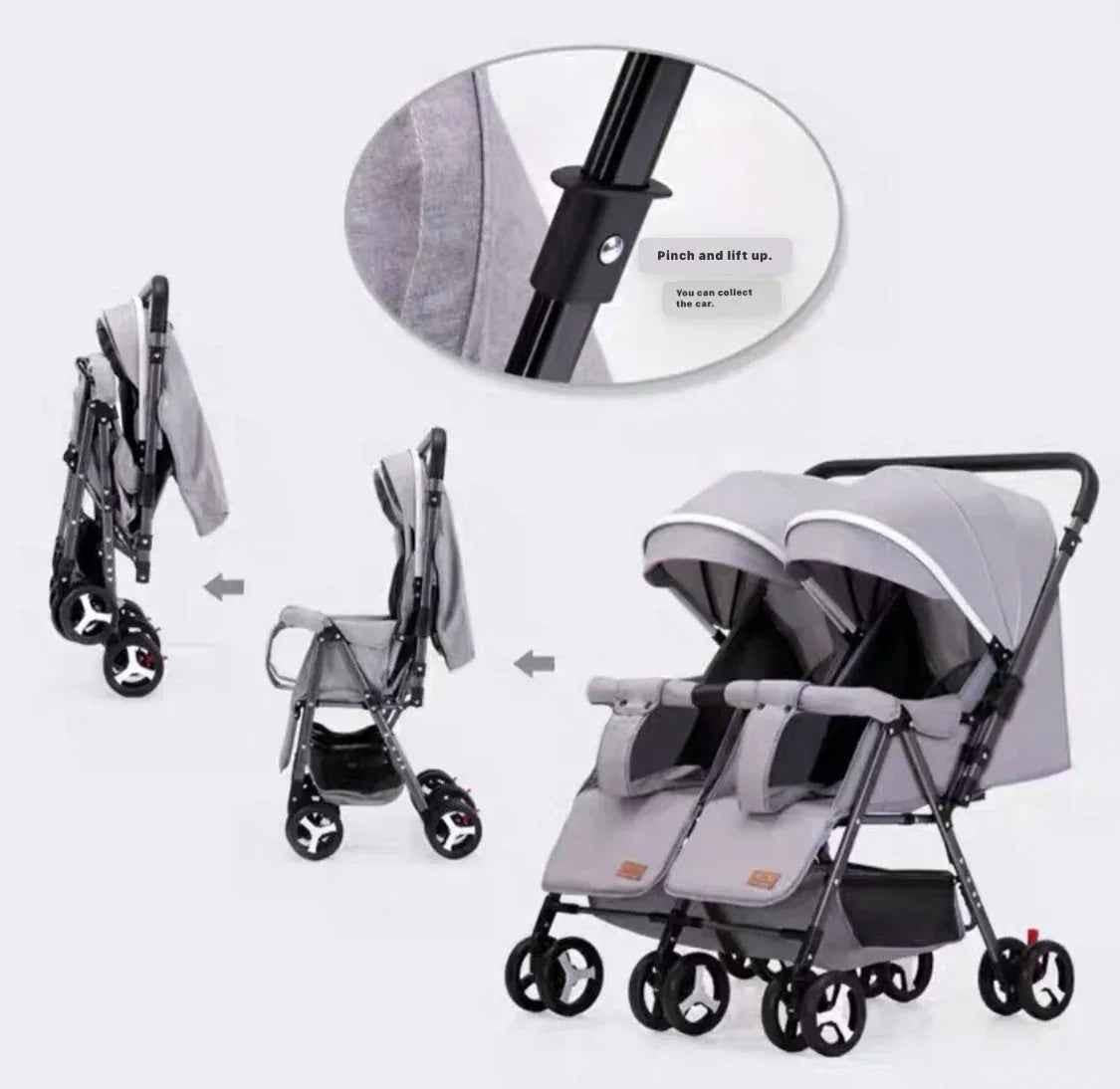 Black 2-Way Folding Compact Double / Twin Stroller + Rain Cover