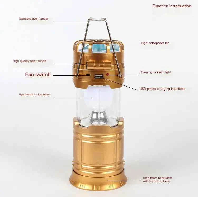 Solar Camping Lantern Fan - 2-in-1 Rechargeable LED Light with Cooling Fan