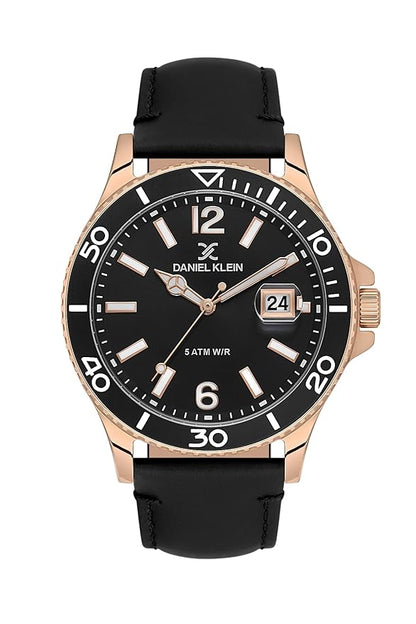 Daniel Klein Premium Date Window Black Dial And Genuine Leather Strap Rose Gold Watch - DK.1.13905-4 Kiwi Watches