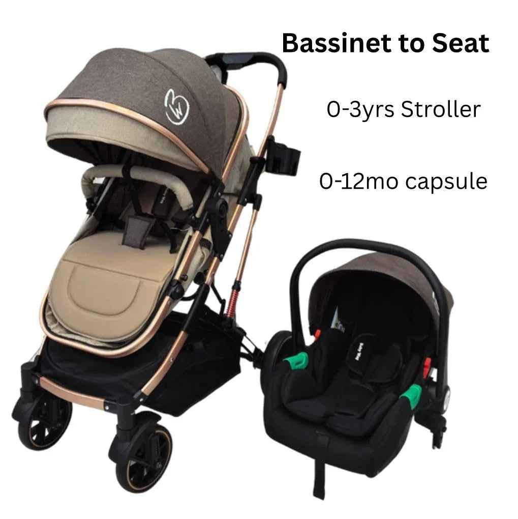 Gold Series 3 in 1 Travel System - Stroller + Bassinet + Capsule with Food Tray - Beige/Gold