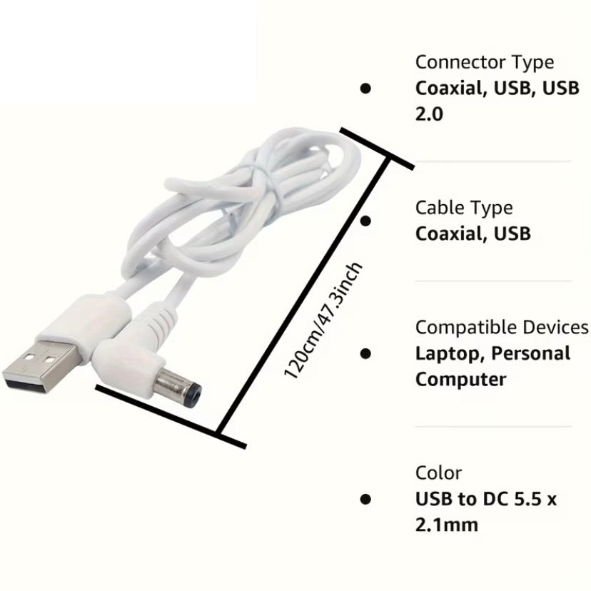 Barrel Jack Power Cable (Elbow) - 5.5mm x 2.1mm charger (White) 1m 9eight5