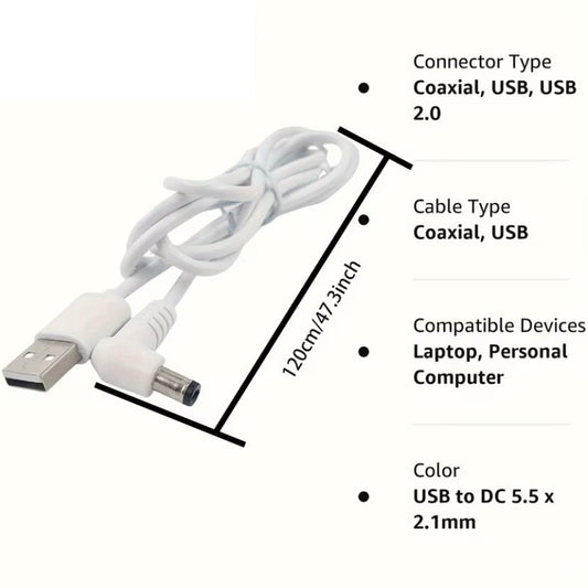 Barrel Jack Power Cable (Elbow) - 5.5mm x 2.1mm charger (White) 1m 9eight5