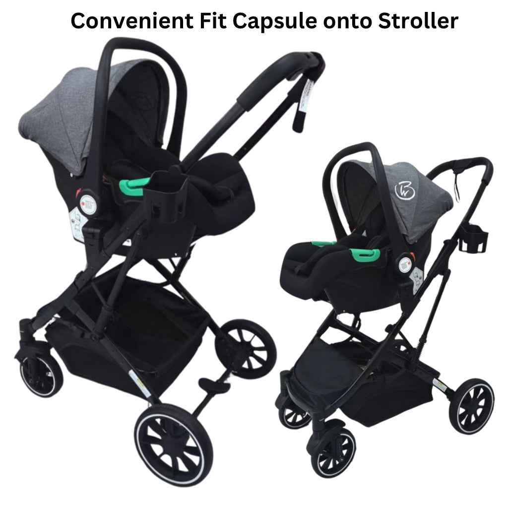 Gold Series 3-in-1 Travel System - Bassinet + Stroller + Capsule with Food Tray - Grey/Black