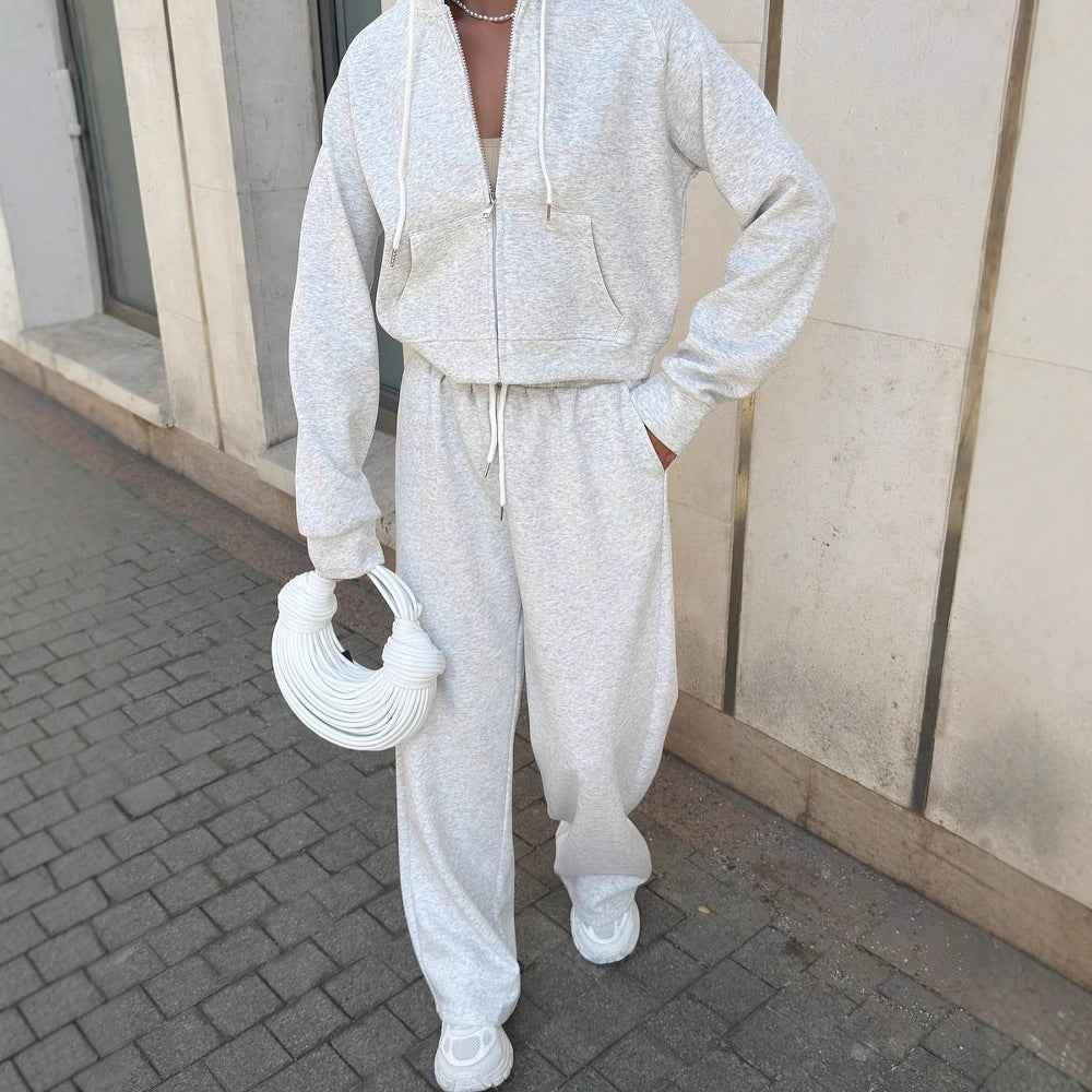 Casual sportswear set with hooded jacket and drawstring pants