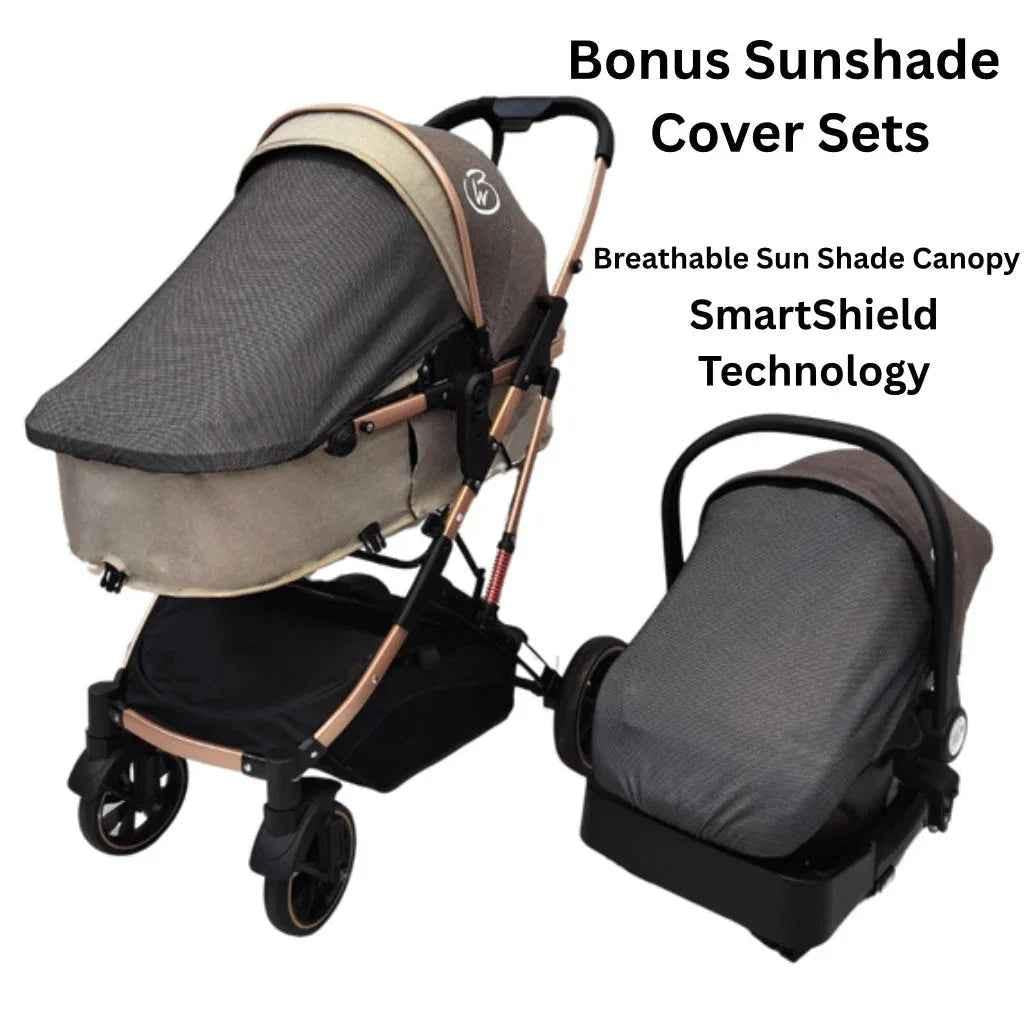Gold Series 3 in 1 Travel System - Stroller + Bassinet + Capsule with Food Tray - Beige/Gold
