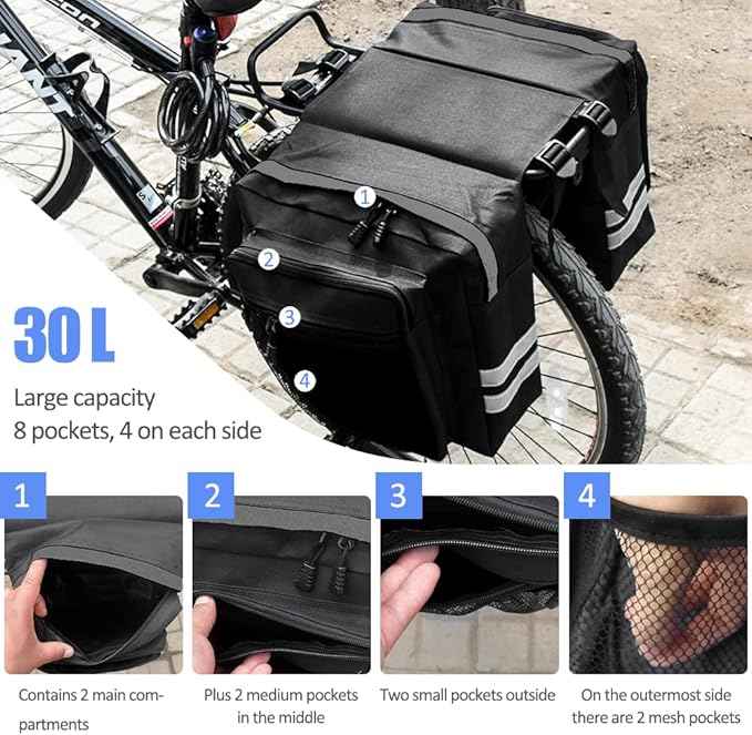30L Waterproof Bike Rear Rack Double Pannier Bag with Reflective Trim – Black JS76603