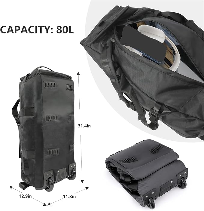 Rucksack with Wheels 80L Rolling Duffle Bag with Wheels 31" Foldable Travel Duffel  Versatile 2-in-1 CP1234