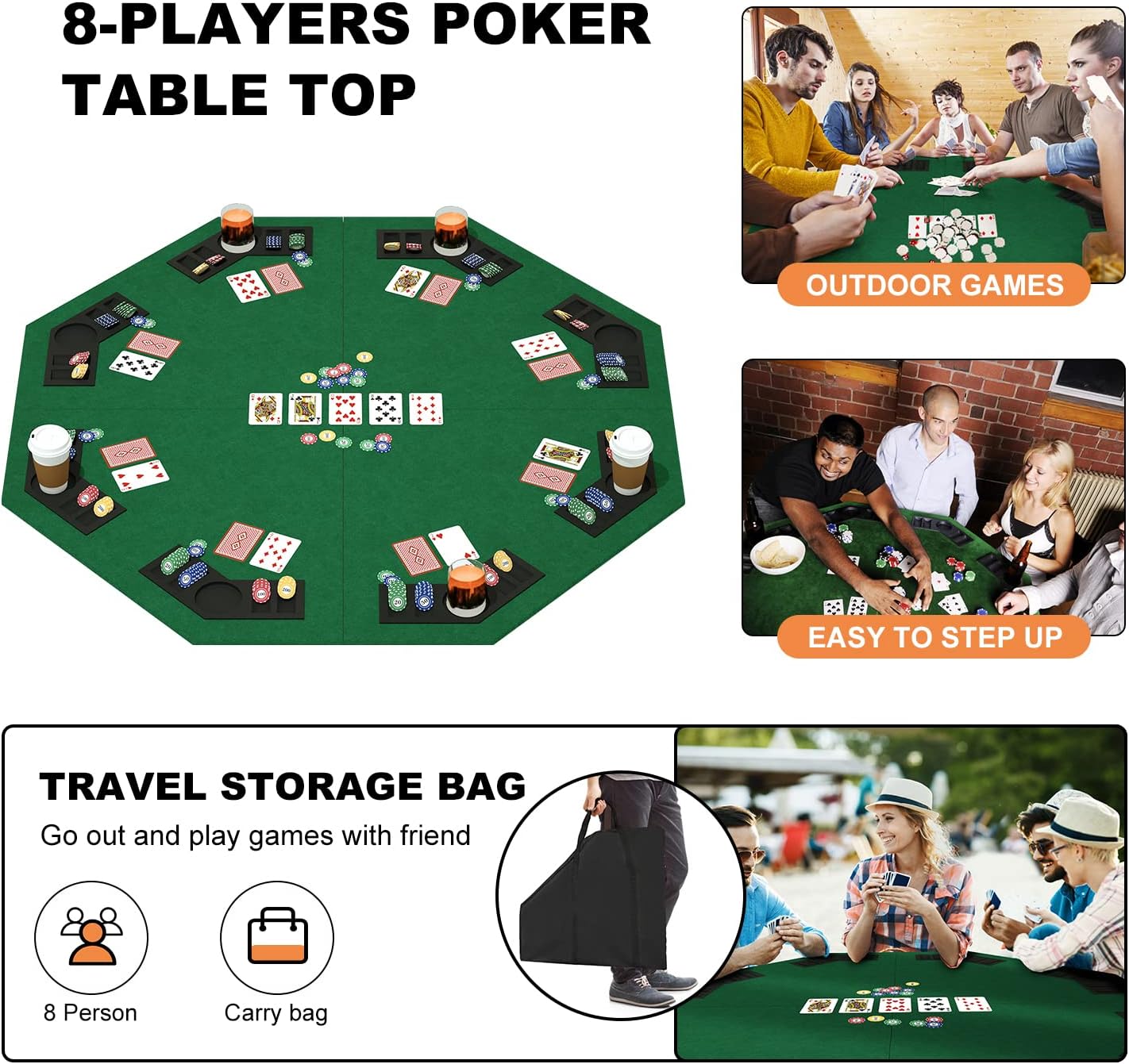 48 Inch Foldable Poker Table Top for 8 Players Chips Tray & Cup Holders Texas dealonline.co.nz
