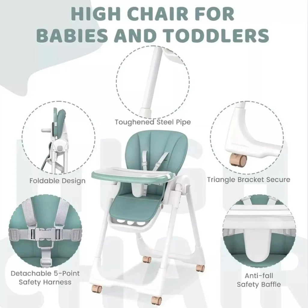 Elevate Adjustable and Folding High Chair with Locking Wheels & Storage Basket - PINK
