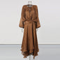 Brown Satin Lantern Sleeve Dress with Tie Waist