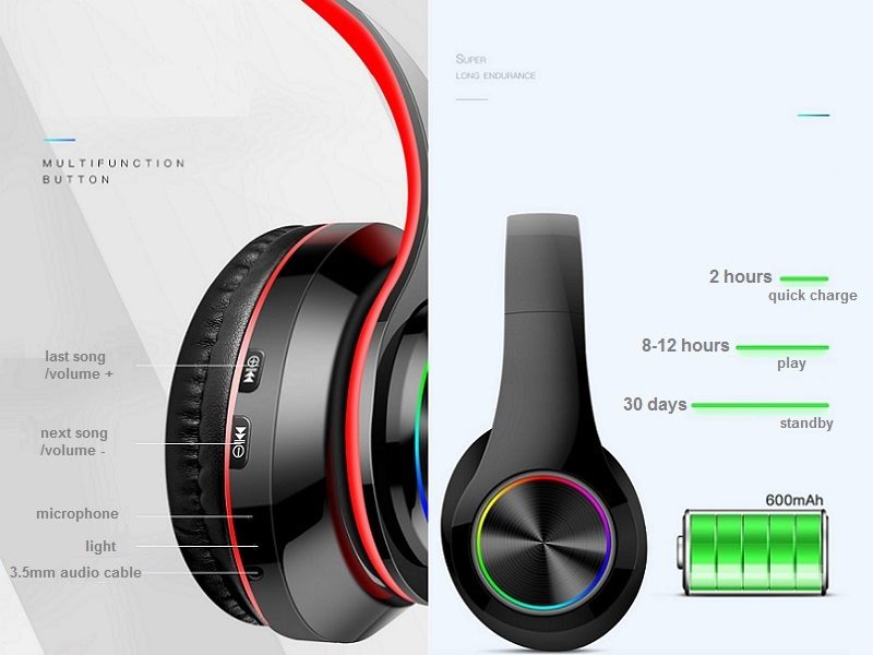 WHITE- Wireless bluetooth Headset Headphones Foldable Stereo Earphones LED Super dealonline.co.nz