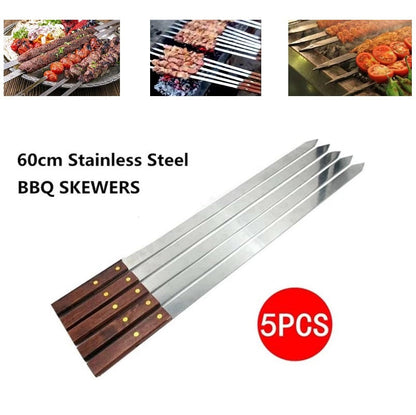 5 x BBQ Skewer Kabob Kabab Plain Medium Classic Flat wooden handle 59CM length dealonline.co.nz