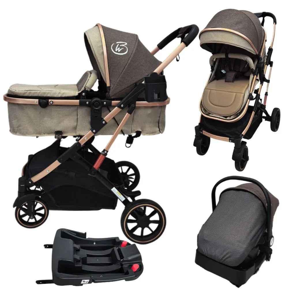 Gold Series 3 in 1 Travel System - Stroller + Bassinet + Capsule with Food Tray - Beige/Gold