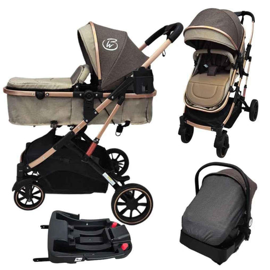 Gold Series 3 in 1 Travel System - Stroller + Bassinet + Capsule with Food Tray - Beige/Gold