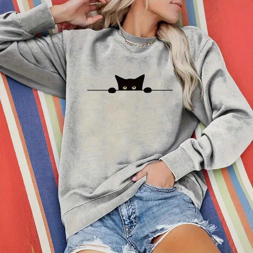 Cat Print Round Neck Sweatshirt