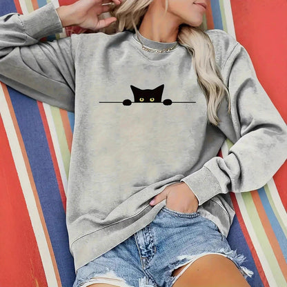 Cat Print Round Neck Sweatshirt