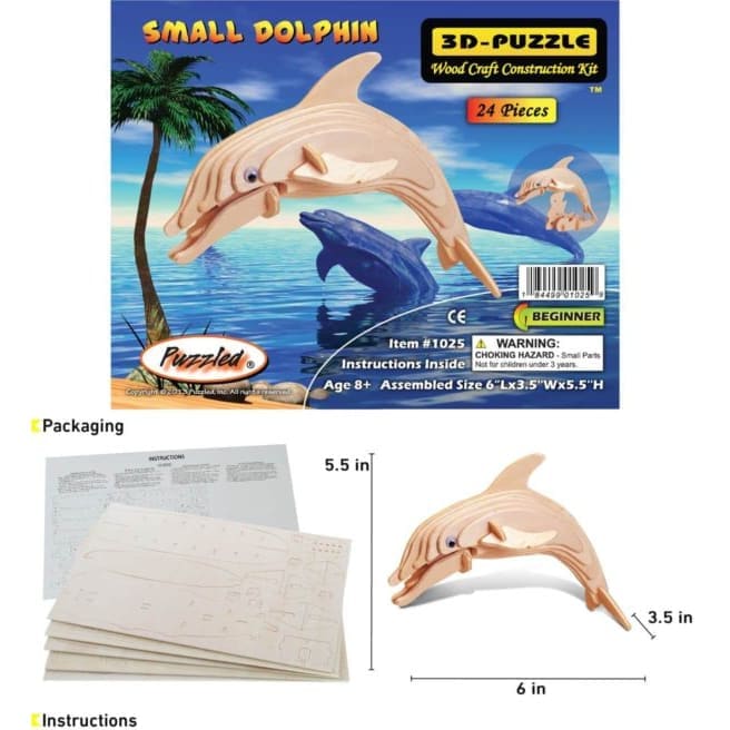 Small 3D dolphin puzzle by 9eight5 showing assembled gray dolphin with detailed fins and streamlined body.