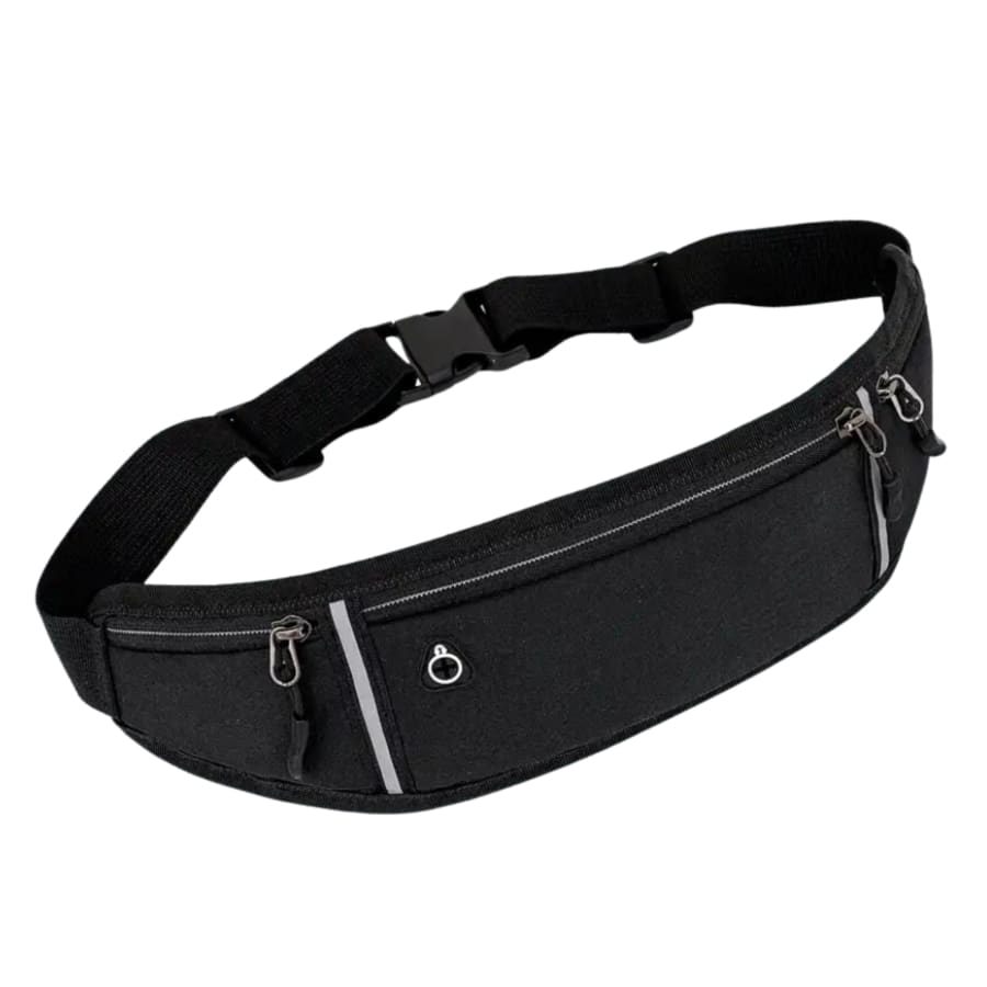 Black 9eight5 running waist bag with 45cm x 11cm size, designed for active wear and outdoor activities.