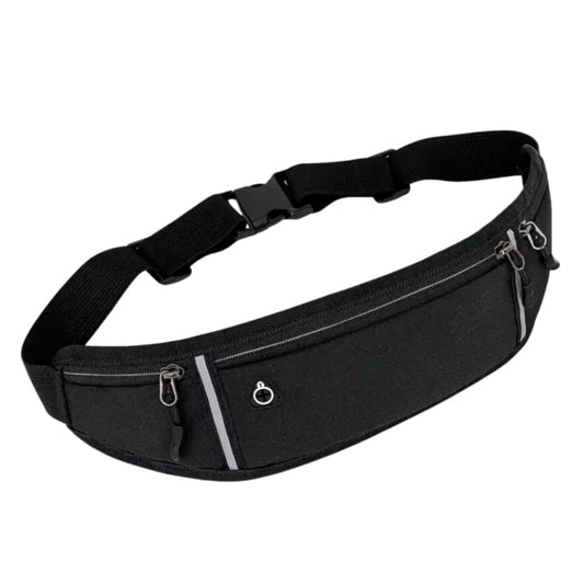 Black 9eight5 running waist bag with 45cm x 11cm size, designed for active wear and outdoor activities.