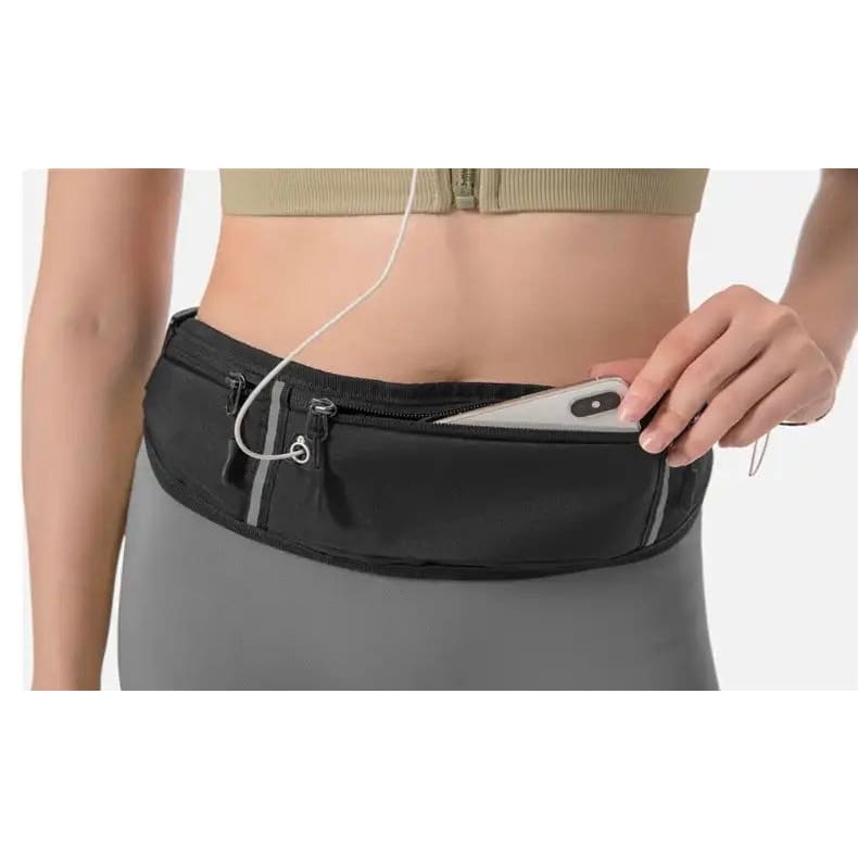 Black 9eight5 running waist bag, 45cm x 11cm, designed for active wear with secure storage and lightweight comfort.