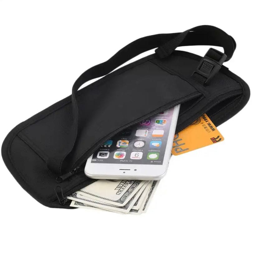 Black 9eight5 travel waist bag with adjustable strap, ideal for outdoor adventures and everyday carrying.