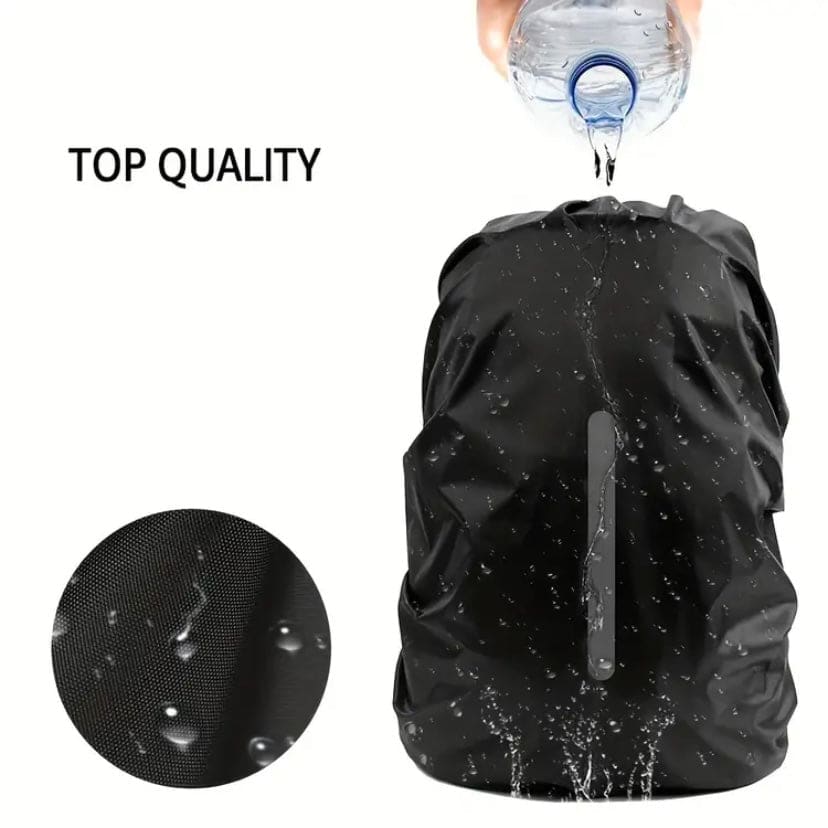 Black waterproof backpack cover from 9eight5 designed to protect a 45L backpack from rain and moisture.