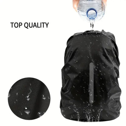 Black waterproof backpack cover from 9eight5 designed to protect a 45L backpack from rain and moisture.