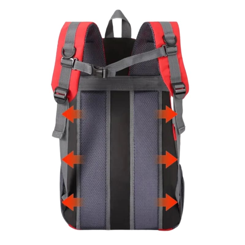 Red and black 9eight5 backpack with adjustable straps, medium size, featuring multiple compartments for everyday use.