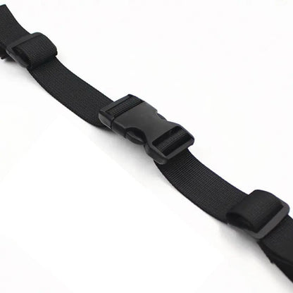 Black 9eight5 backpack chest strap attached to a backpack, adjustable strap for comfort and secure fit during outdoor activities.